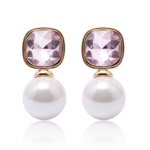 Square earrings with pearl and genuine rose crystal in Gold